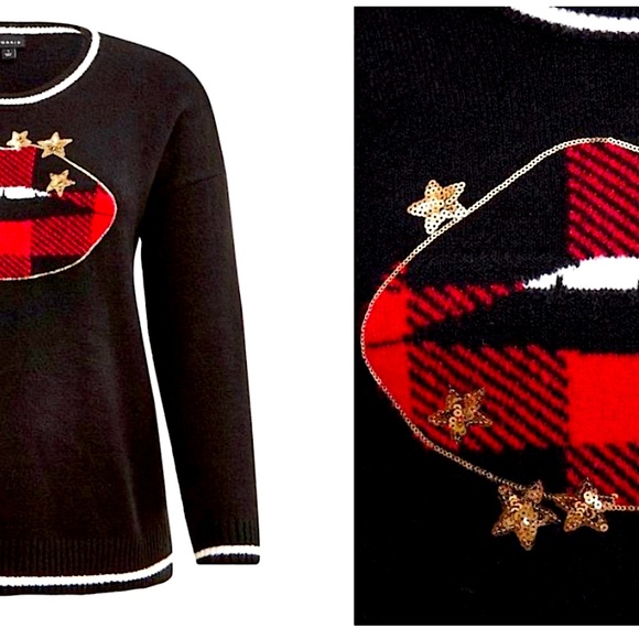 Torrid Buffalo Plaid Gold Stars Holiday Black Cotton Knit Plus 3X Sweater 22/24 - Picture 6 of 14